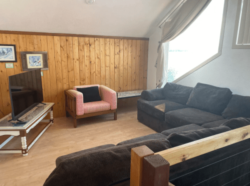 Cozy living room with a brown sectional sofa, pink armchair, TV, and wooden walls, featuring large windows.